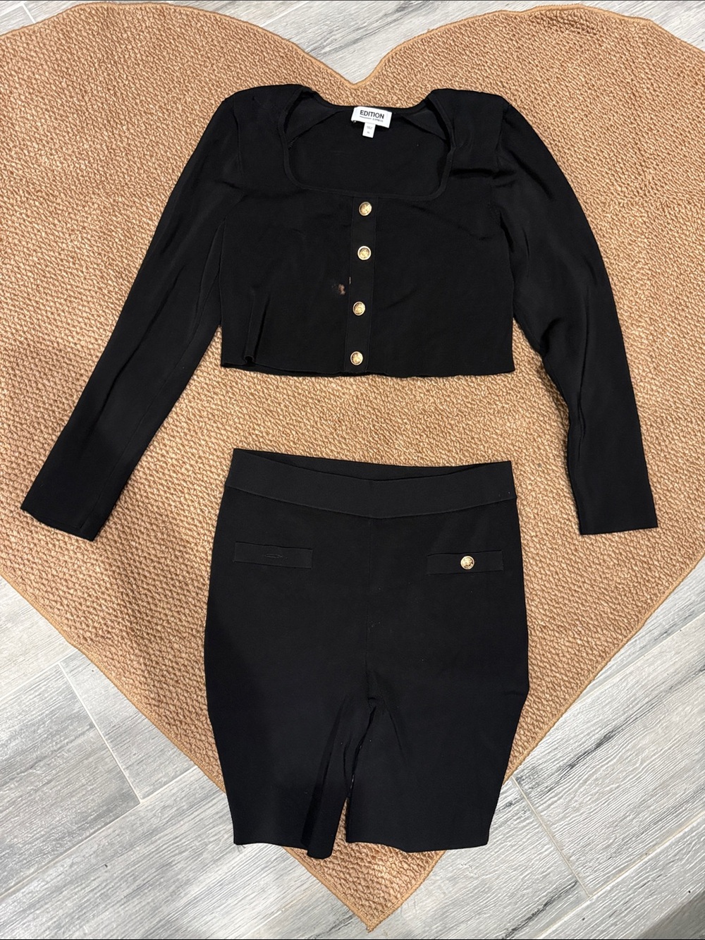 Express Black Two-Piece Cropped Knit Set with Gold Buttons